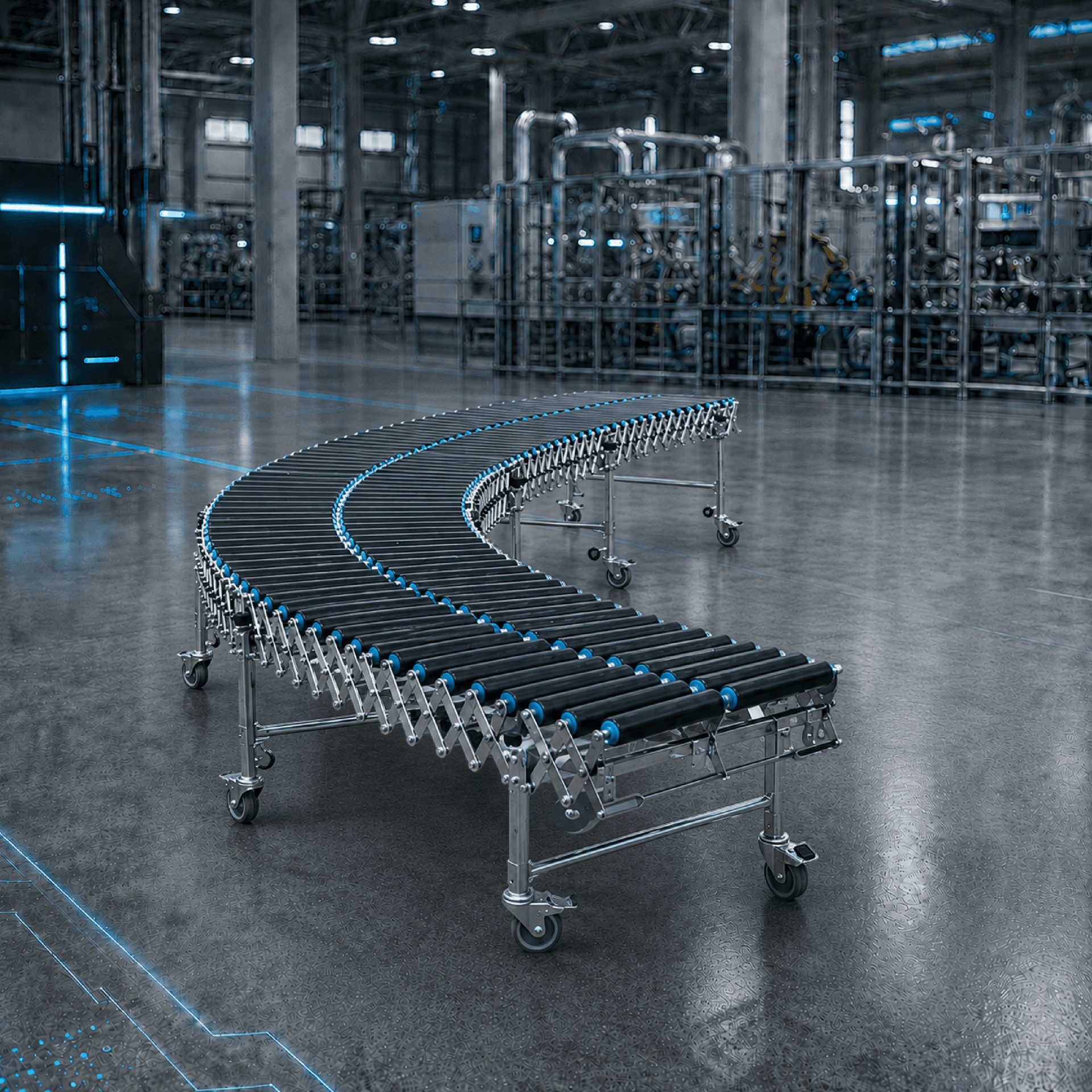 Flexible expandable roller conveyor